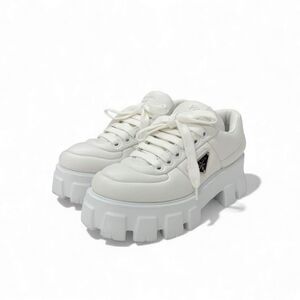 Prada Monolith Sneakers Shoes Nappa Leather White Triangle Logo Lace-up Shoes